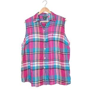 Lauren Ralph Lauren 100% Linen Sleeveless Button Down Plaid Shirt 2X Pink Blue